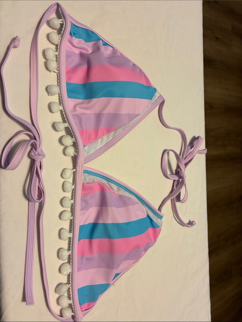 Pink Lily Pink Blue Purple Striped Pom Pom Triangle Bikini Top